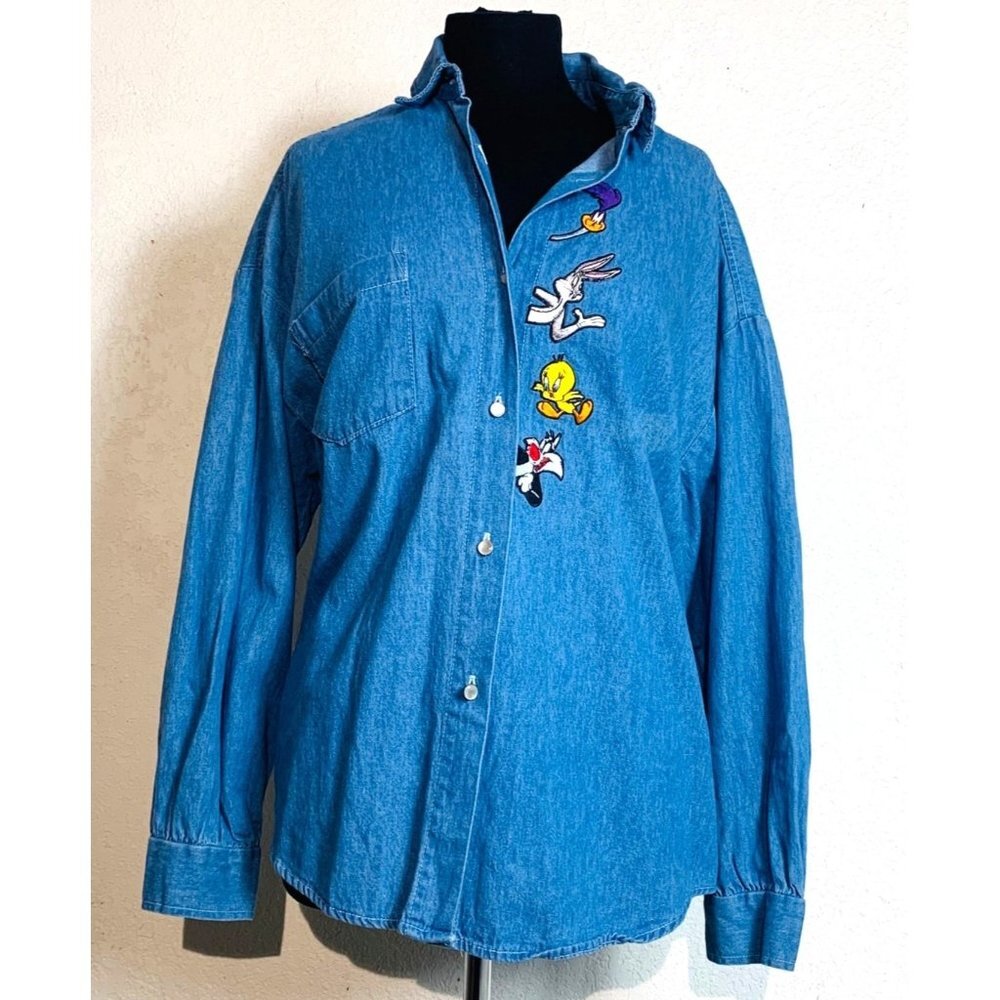 Vintage Top Line USA LOONEY TUNES  1992 Chambray Button Down Blouse L